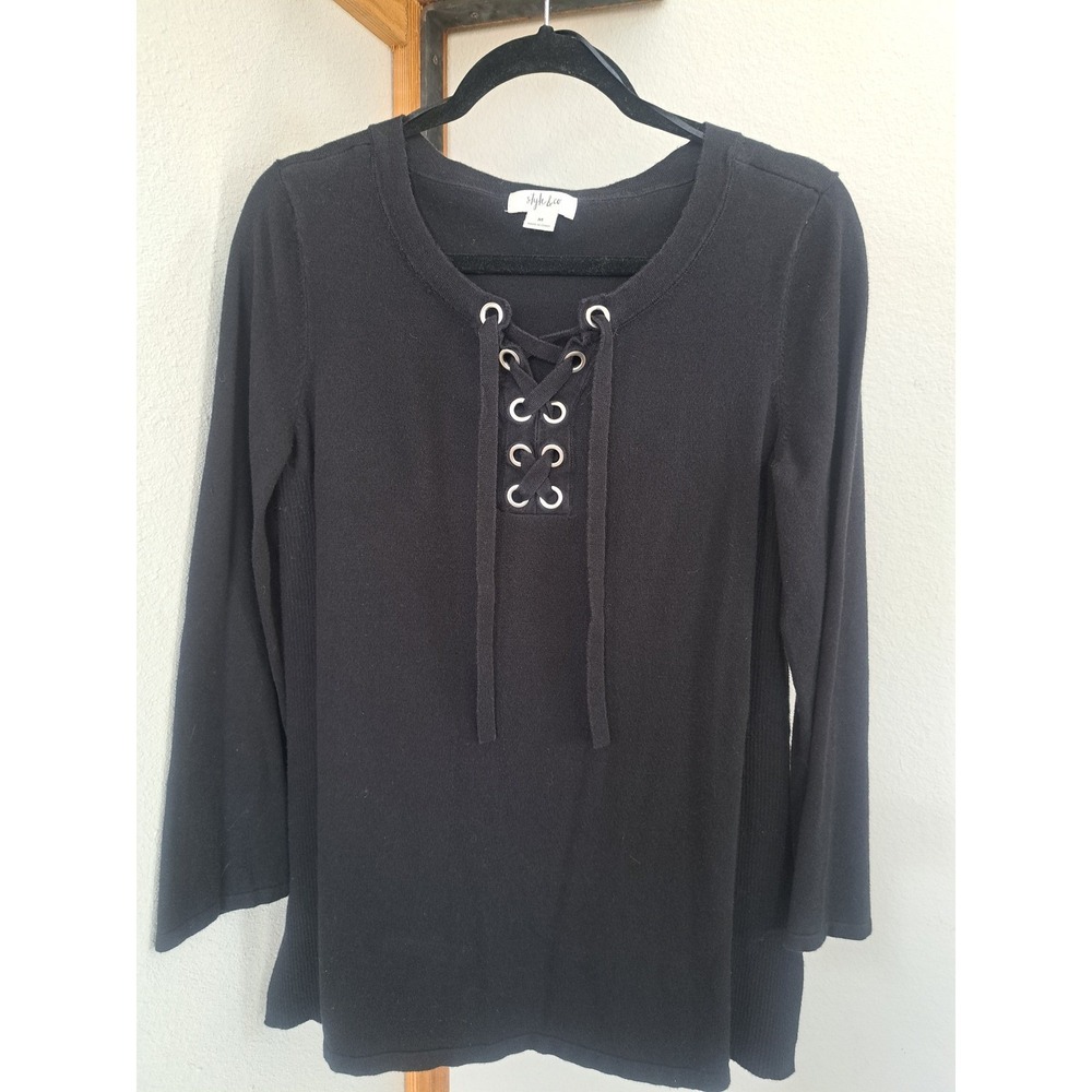 Style & Co Womens Black Lace Up Grommet Neck Ribbed Side Knit Sweater Size M
